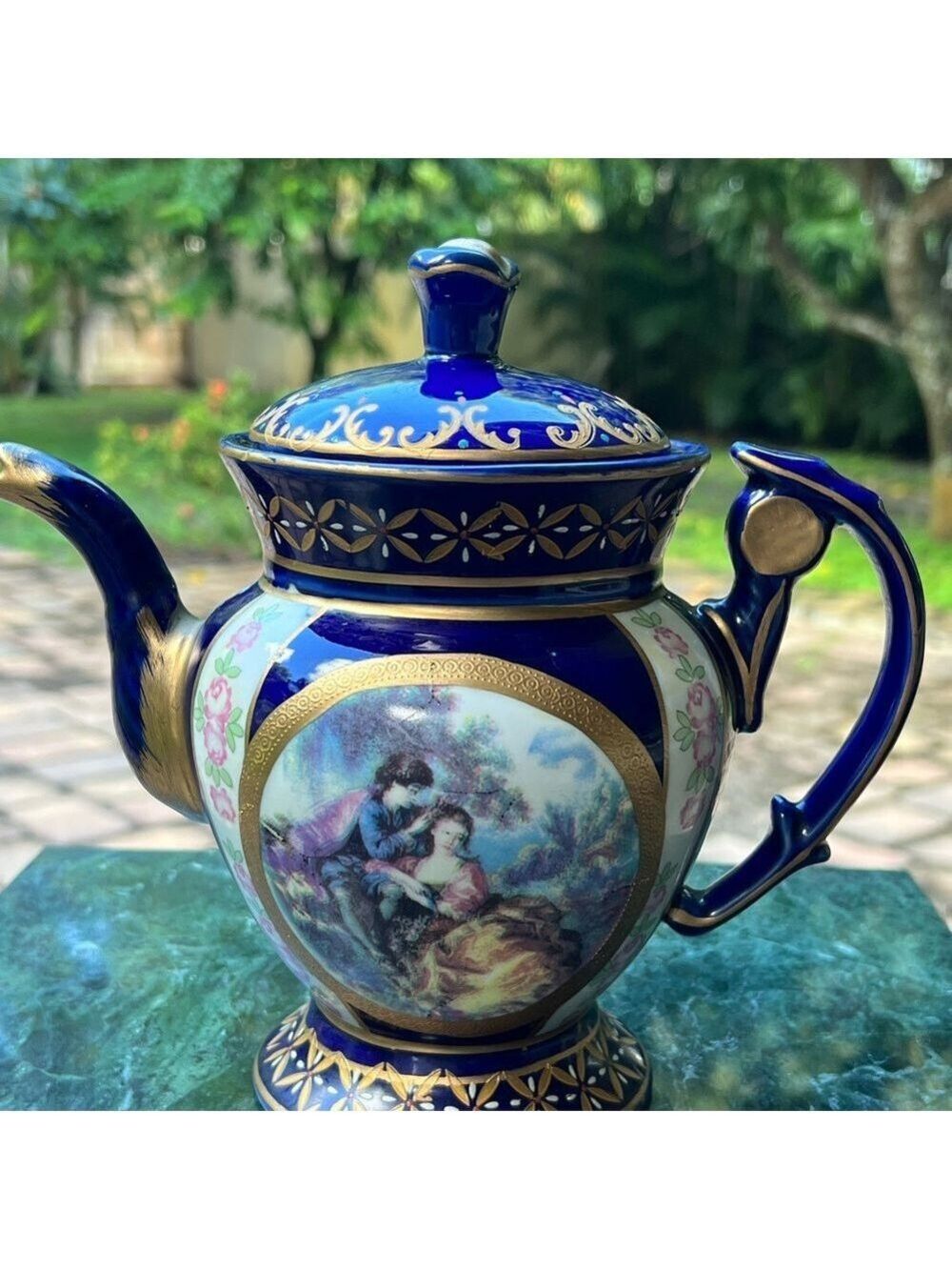 Vintage Venetian Lagoon Tea Pot Cobalt Blue Fine Porcelain with Gold Trims 8" - Picture 2 of 6